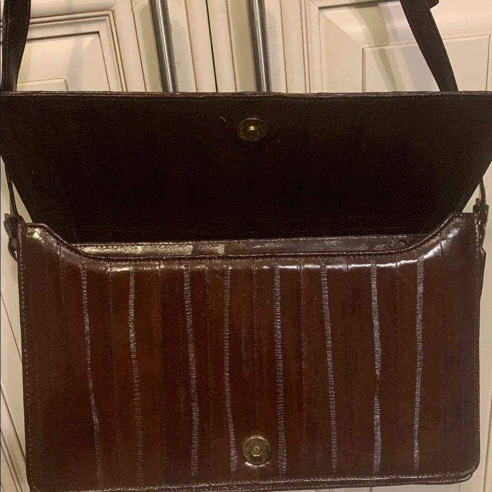 Genuine EEL SKIN Hand Bag Multi Pocket Mahogany Brown Purse VTG Old Korea